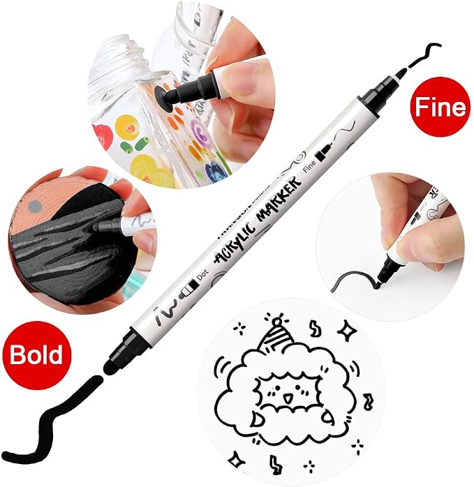 TRANSON 8 Pack Black Bold and Fine Dual-tip Acrylic Paint Marker - Image 3