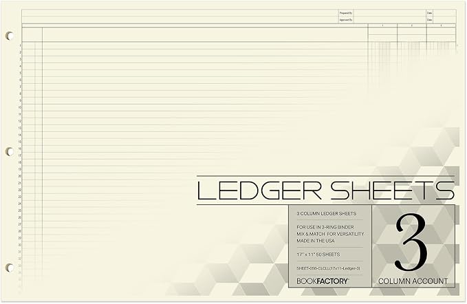 BookFactory Ledger Sheets/Large 3 Column Accounting Ledger Columnar Loose Leaf by BookFactory