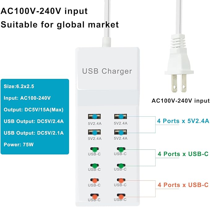 USB Charger, 12-Port USB Charging Station Multiple USB Charger Station - Image 3