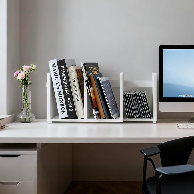 MyGift White Wood Desktop Bookshelf Organizer, Expandable Adjustable Display - Image 2
