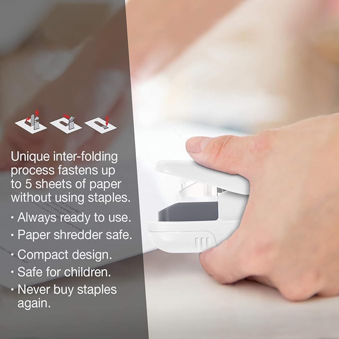 Plus Paper Clinch Compact Staple-Free Stapler, Ivory White - Image 7