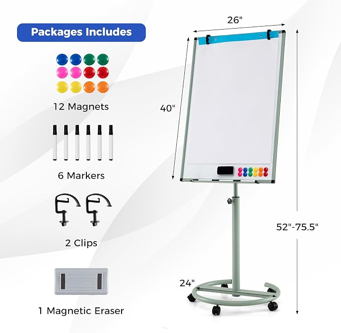 Goplus 40” x 26” Rolling Whiteboard, Height Adjustable Magnetic Dry Erase Board - Image 5