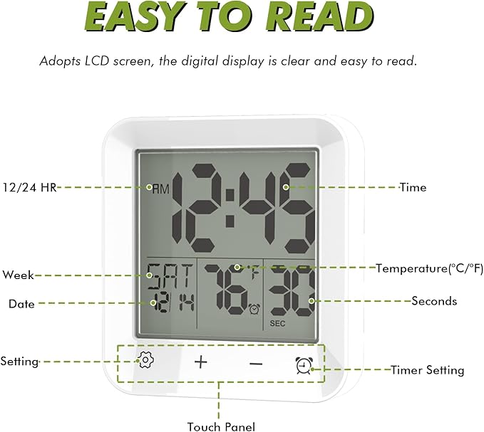 Wisoee Digital Shower Clock Waterproof, Bathroom Wall Clock Timer - Image 4