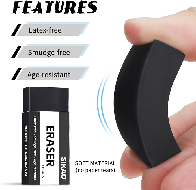 Black Erasers, 6 Pack Block Pencil Erasers – Smudge-Free Latex-Free Art Erasers - Image 3