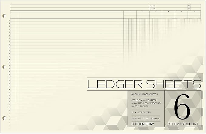 BookFactory Ledger Sheets/Large 6 Column Accounting Ledger Columnar Loose Leaf by BookFactory