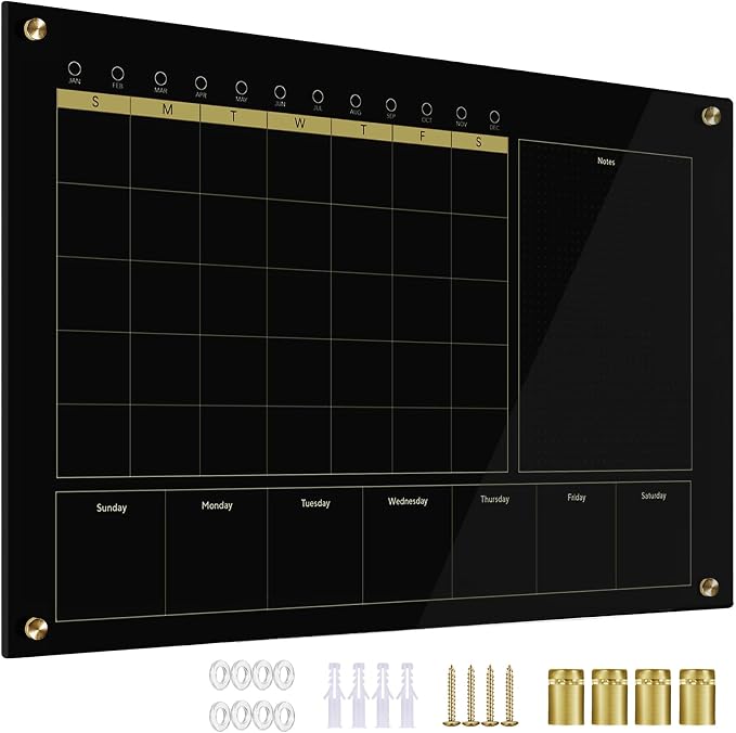 Black Glass 3-1 Monthly Dry Erase Calendar Whiteboard by Marribol