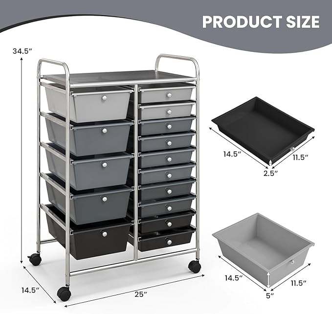 LDAILY 15 Drawer Rolling Storage Cart, Rolling Cart - Image 3