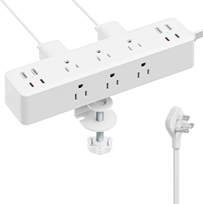 Flat Plug Desk Clamp Power Strip 10FT, 24W Total Charging Station, Desk Edge by AcozvinPowerStrip
