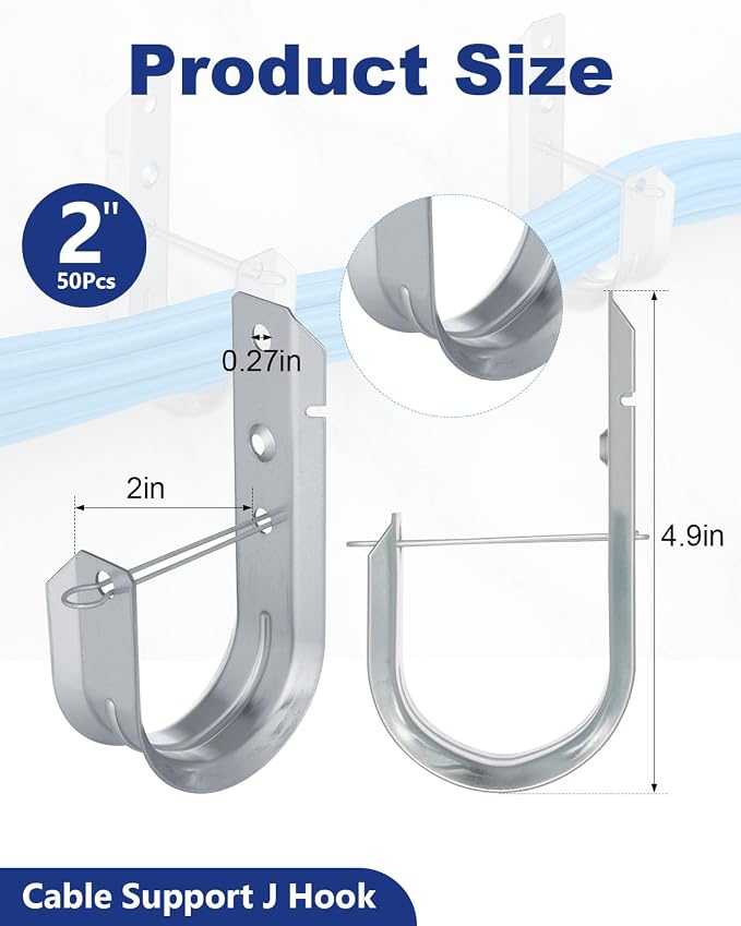 AOKLIT 2" Galvanized Steel J-Hooks, Heavy Duty Wall Mount Cable Support J Hook - Image 2