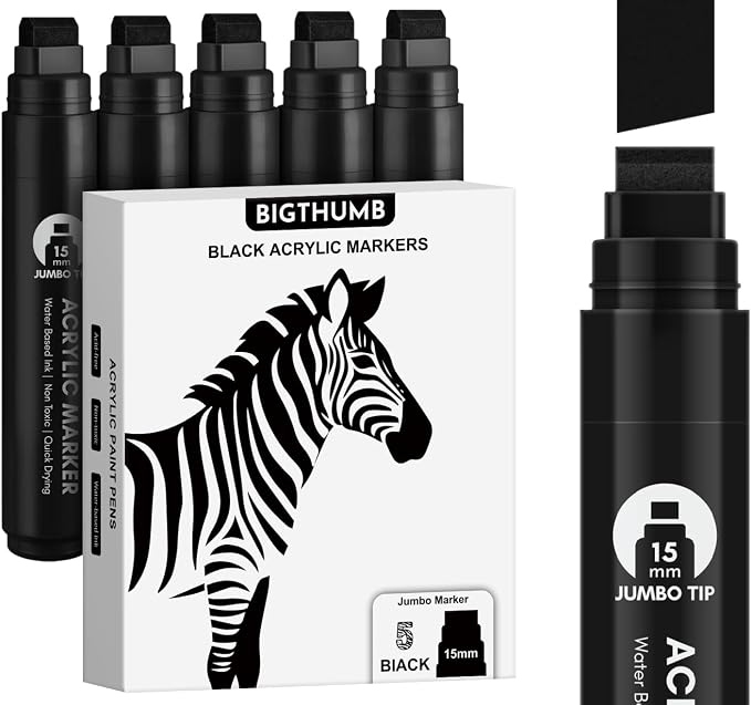 BIGTHUMB Black Poster Markers Jumbo: 5 Pcs 15mm Wide Tip Thick Acrylic Paint by BIGTHUMB