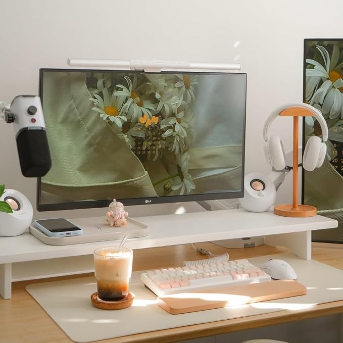 ROCDEER Bamboo Dual Monitor Stand Riser White, 2-Tier Desk Monitor Riser by Rocdeer