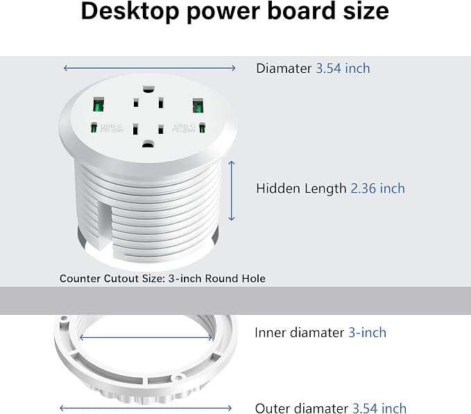 Desktop Power Grommet 3-inch Hole, 40W Total Fast Charging Station, 2 PD 20W - Image 5