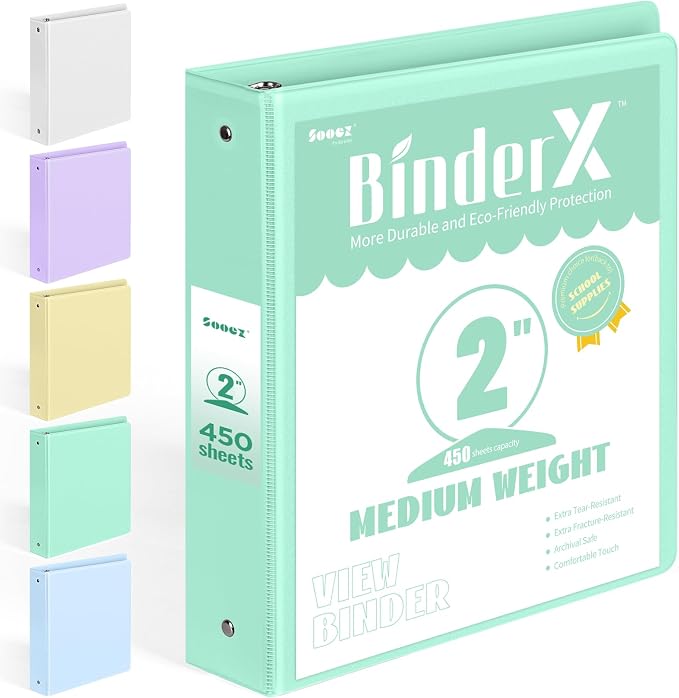 BinderX Extra Durable 3 Ring Binder, Round Ring 2 Inch Binders, Fits 450 Sheets by Sooez