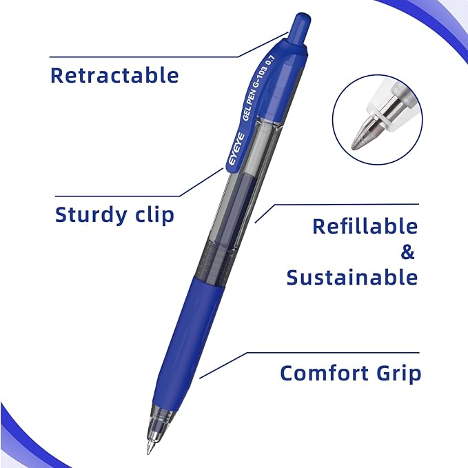 EYEYE G-103 Retractable Gel Pens 0.7mm, 50 Pack 0.7 mm Blue Ink Medium Point - Image 3