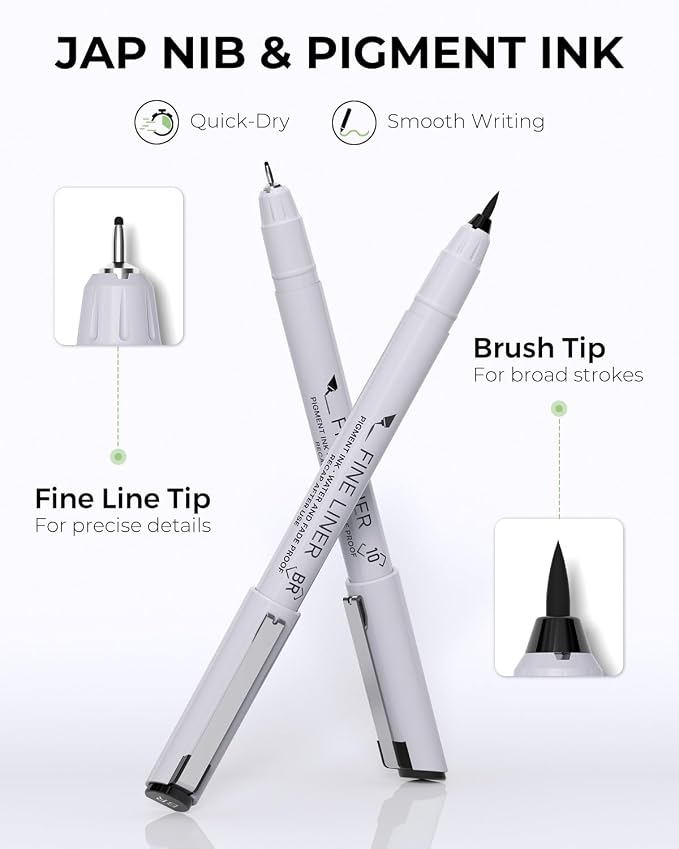 JusArt Fineliner Pens, 8 Size, Ultra Fine, Fine & Brush, Waterproof Black - Image 3