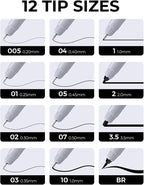 JusArt Fineliner Pens, Ultra Fine, Brush & Chisel, 12 Size, Waterproof Black - Image 2