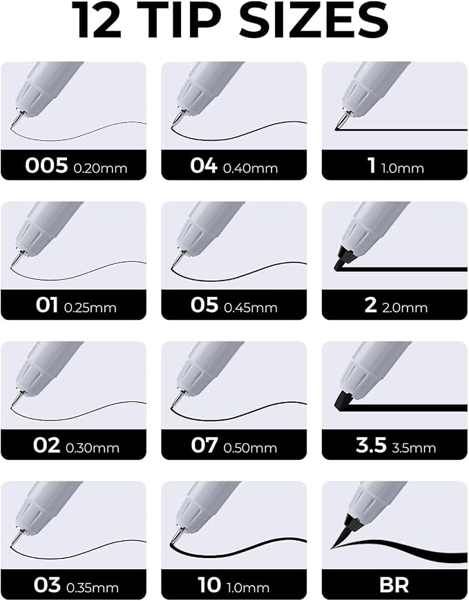 JusArt Fineliner Pens, Ultra Fine, Brush & Chisel, 12 Size, Waterproof Black - Image 2