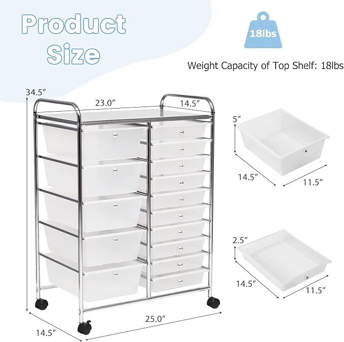 COSTWAY 15 Drawer Rolling Storage Cart, Utility Tools Paper Organizer on Wheels - Image 3