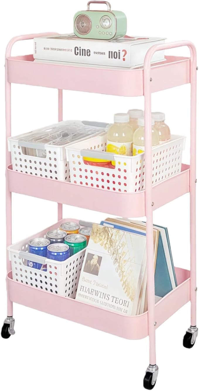LIWNYRK 3 Tier Pink Rolling Cart by LIWNYRK