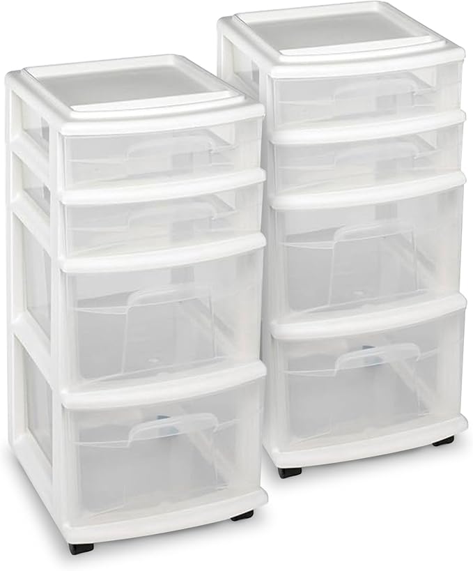 HOMZ 2-Pack Drawer Tower, 4-Tier Clear Plastic Storage Organizer Cart, and by Homz