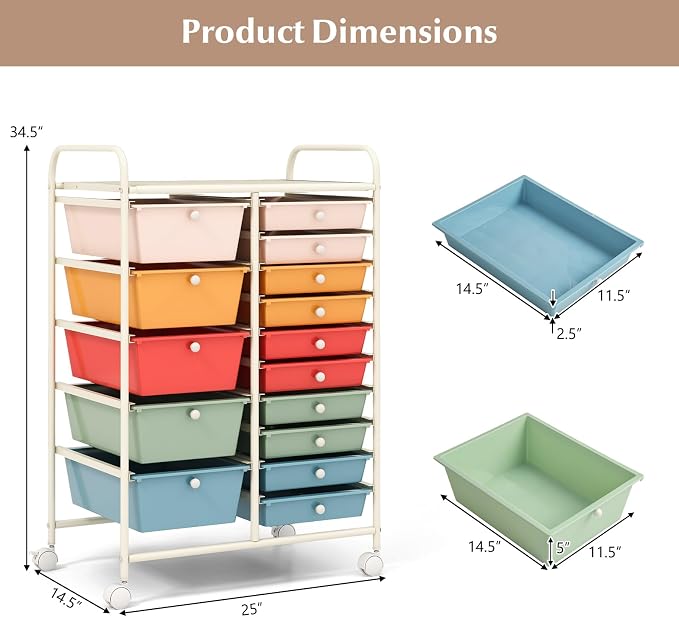 COSTWAY 15 Drawers Storage Cart, Mobile Tools Scrapbook Paper Organizer Cart - Image 3