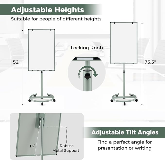 Goplus 40” x 26” Rolling Whiteboard, Height Adjustable Magnetic Dry Erase Board - Image 2