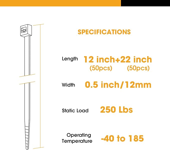 Zip Ties Heavy Duty, 22+12 Inch 100 Pack Long Cable Ties，300 LBS Tensile - Image 5