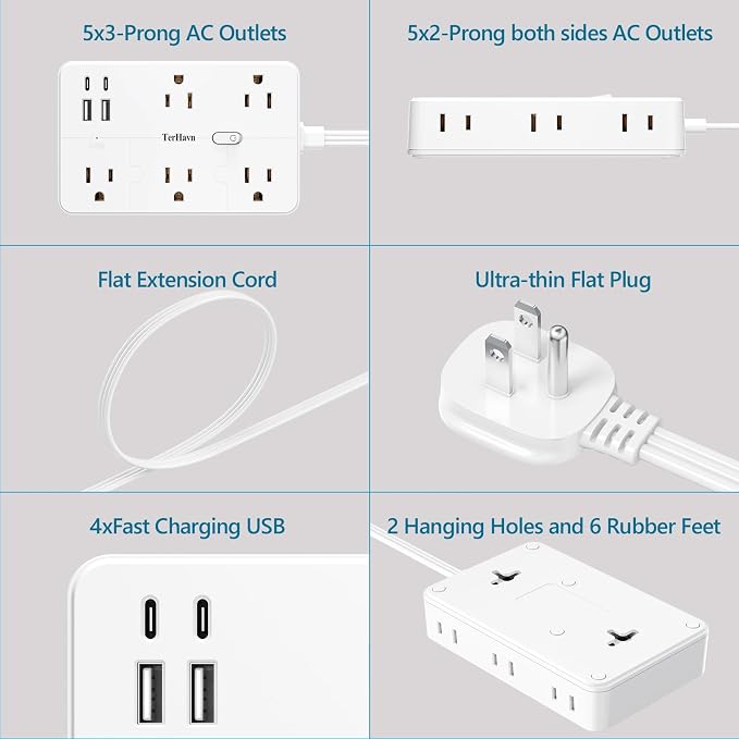 Surge Protector Power Strip 1 FT Flat Extension Cord ，10 AC Outlets & 4 USB - Image 5