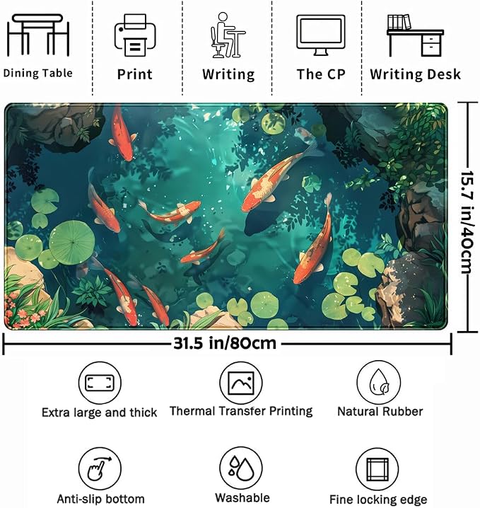 Koi Fish Desk Mat Gaming Koi Pond Desk Pad Large Cute Mouse Pad - Image 3