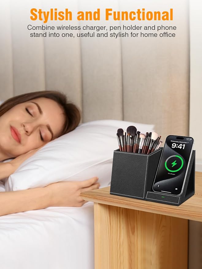 TopMade Wireless Charger with Pen Pencil Holder, Leather Mltifunctional Desk - Image 8