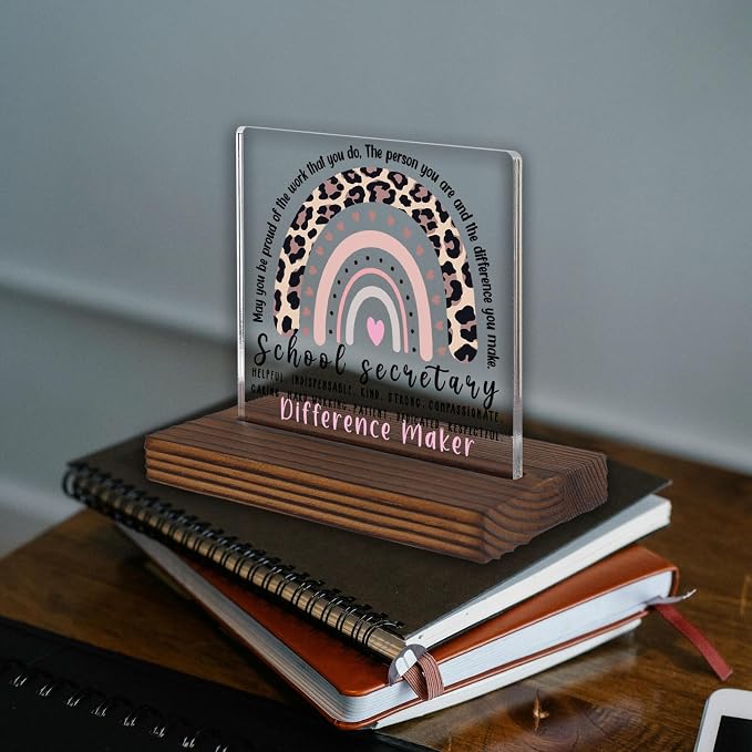 School Secretary Appreciation Gift Desk Sign, Leopard Rainbow Difference Maker - Image 2