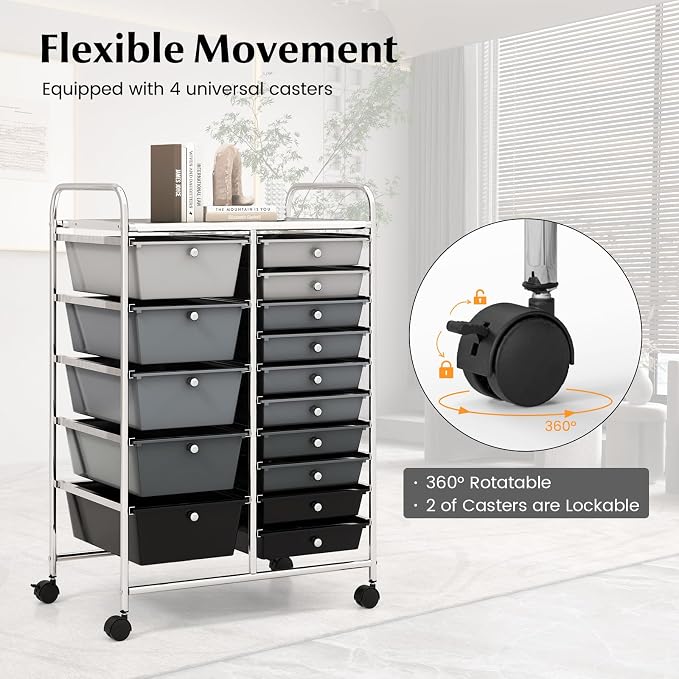 COSTWAY 15 Drawers Storage Cart, Mobile Tools Scrapbook Paper Organizer Cart - Image 5