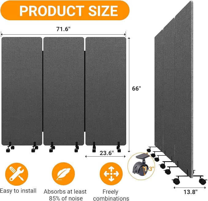 Soundproof Room Divider with Wheels, 66in Office Dividers - Image 7