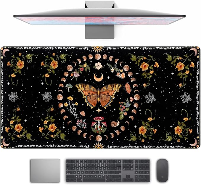 Moth Desk Pad Mushroom Phase Moon Phase Desk Mat, Boho Flowers and Leaves by TENG+DA+QING