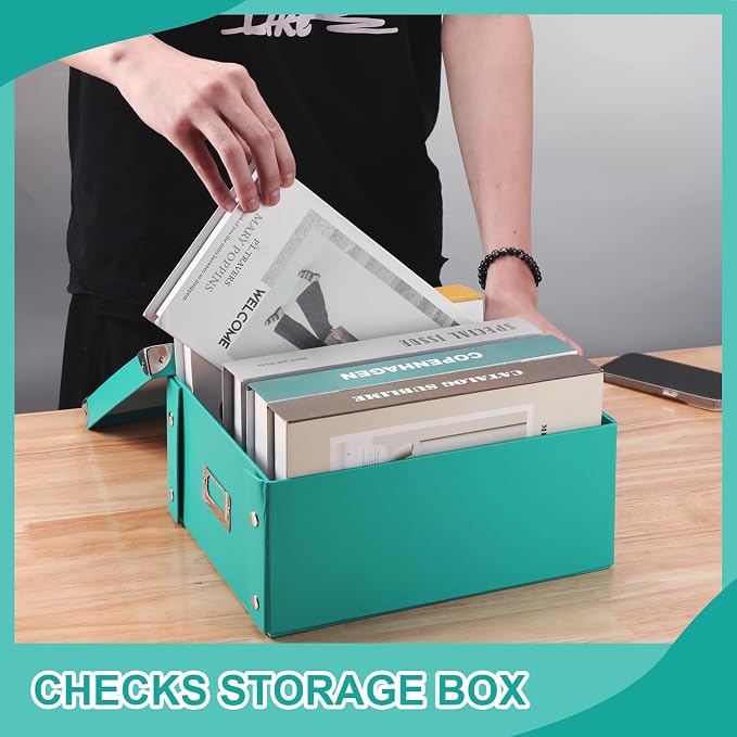 2 Pcs Checks Storage Box with Lid Document Boxes Banker Boxes Lake Green - Image 6
