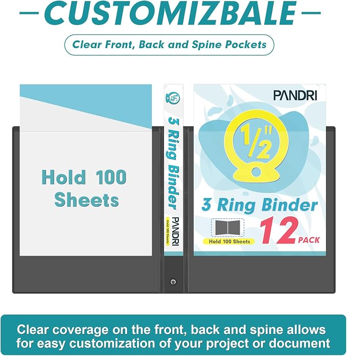 3 Ring Binder 0.5 Inch, PANDRI 12 Pack 0.5-Inch Binder Fits Letter Size 8.5'' x - Image 2