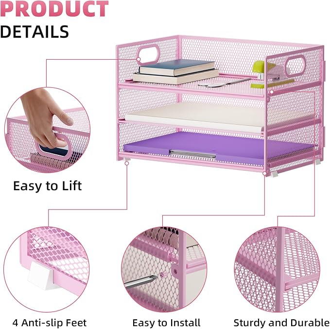 Marbrasse 3 Tier Paper Organizer Letter Tray, Mesh File Organizer - Image 4