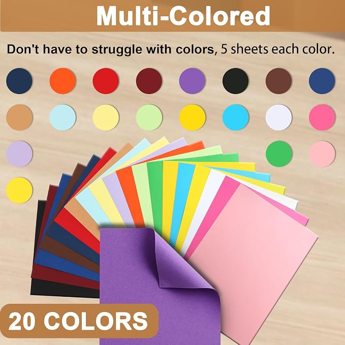 Silunkia 100 Sheets Colors Cardstock Craft Paper, 20 Assorted Colors 75lb Art - Image 2