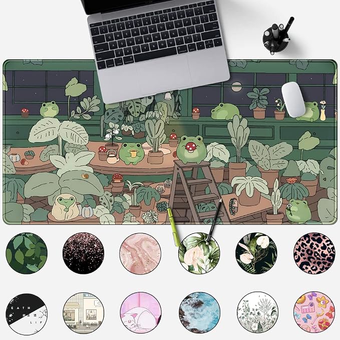 Cute Frog Kawaii Green Desk Decor Mat, Large Gaming Mouse Pad - Image 2