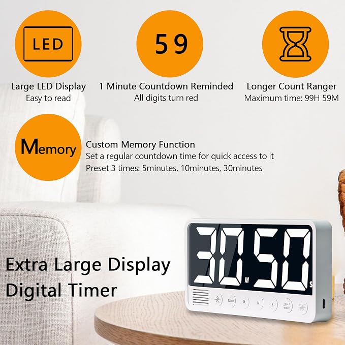 Digital Kitchen Timer with 7.1” Extra Large Display, Rechargeable Magnetic LED - Image 3