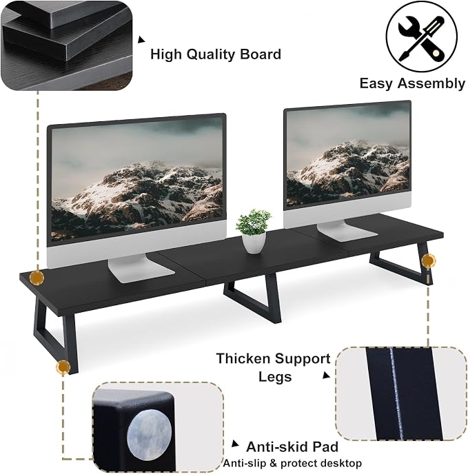 TEAMIX Black 42 inch Dual Monitor Riser, Wood and Steel Long Monitor Stand - Image 4