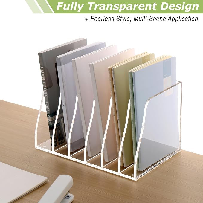 SANRUI Acrylic Desk File Organizer, 6 Vertical Compartments Clear Magazine File - Image 4
