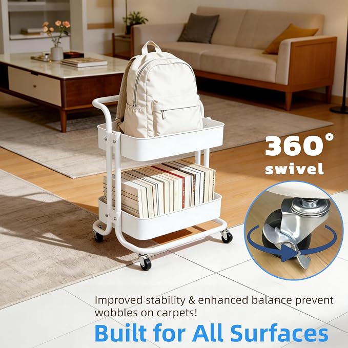 Ufriandz 2 Tier Cart with Wheels Under Desk Storage with Handle, Metal Rolling - Image 6