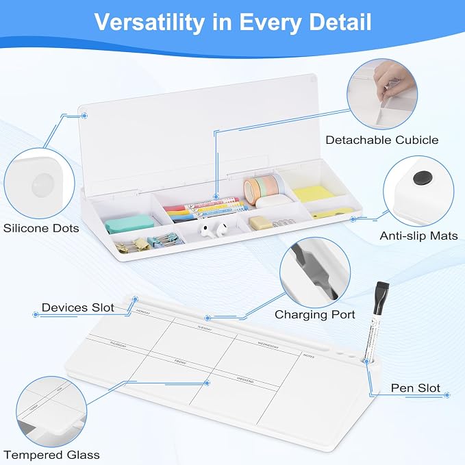 Desktop Glass Whiteboard with Storage, Weekly Calendar Desk Dry Erase White - Image 7