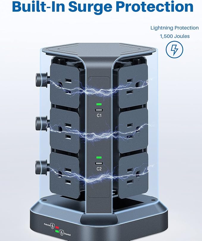 KOOSLA PD Power Strip Tower Surge Protector, USB C Desktop Charging Station - Image 6