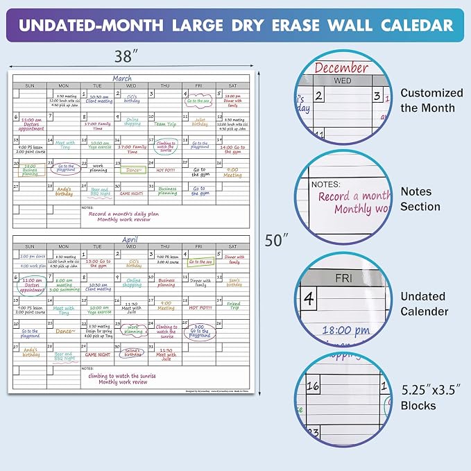Dry Erase Two Month Laminated jumbo Wall Calendar, Huge bimonthly Vertical - Image 3