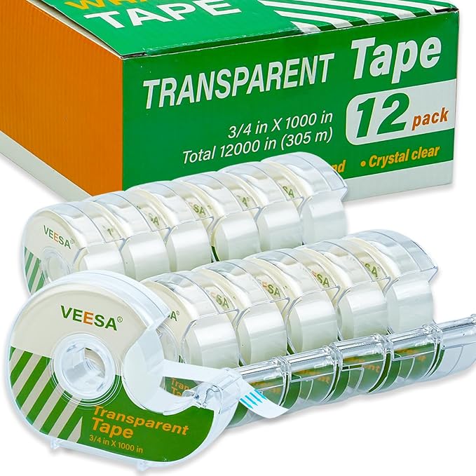 Transparent Tape with Dispenser, 3/4 x 1000 Inches, 12 Rolls Clear Tapes by VEESA