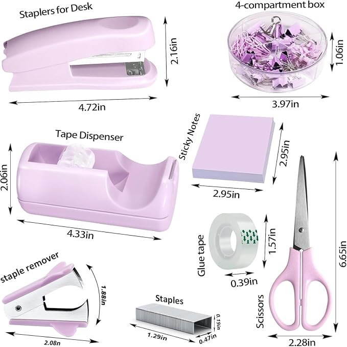 Purple Office Desk Accessories, Stapler and Tape Dispenser Set, Staple Remover - Image 2