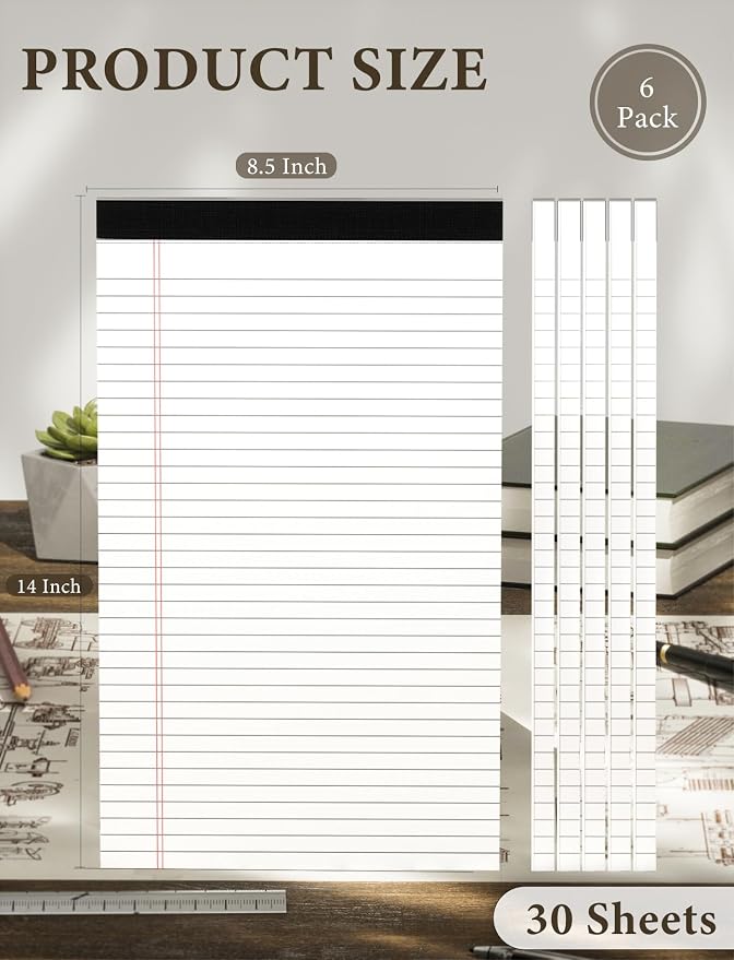 White Legal Pads 8.5 x 14, 6 Pack Wide Ruled Legal Notepads, Notebook Paper - Image 2