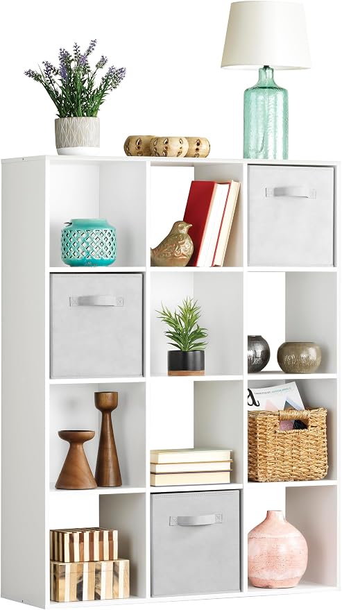 Whitmor 12 Cube Storage Organizer, 4 Tier Stackable Mdf Wood Bookcase, Open by Whitmor